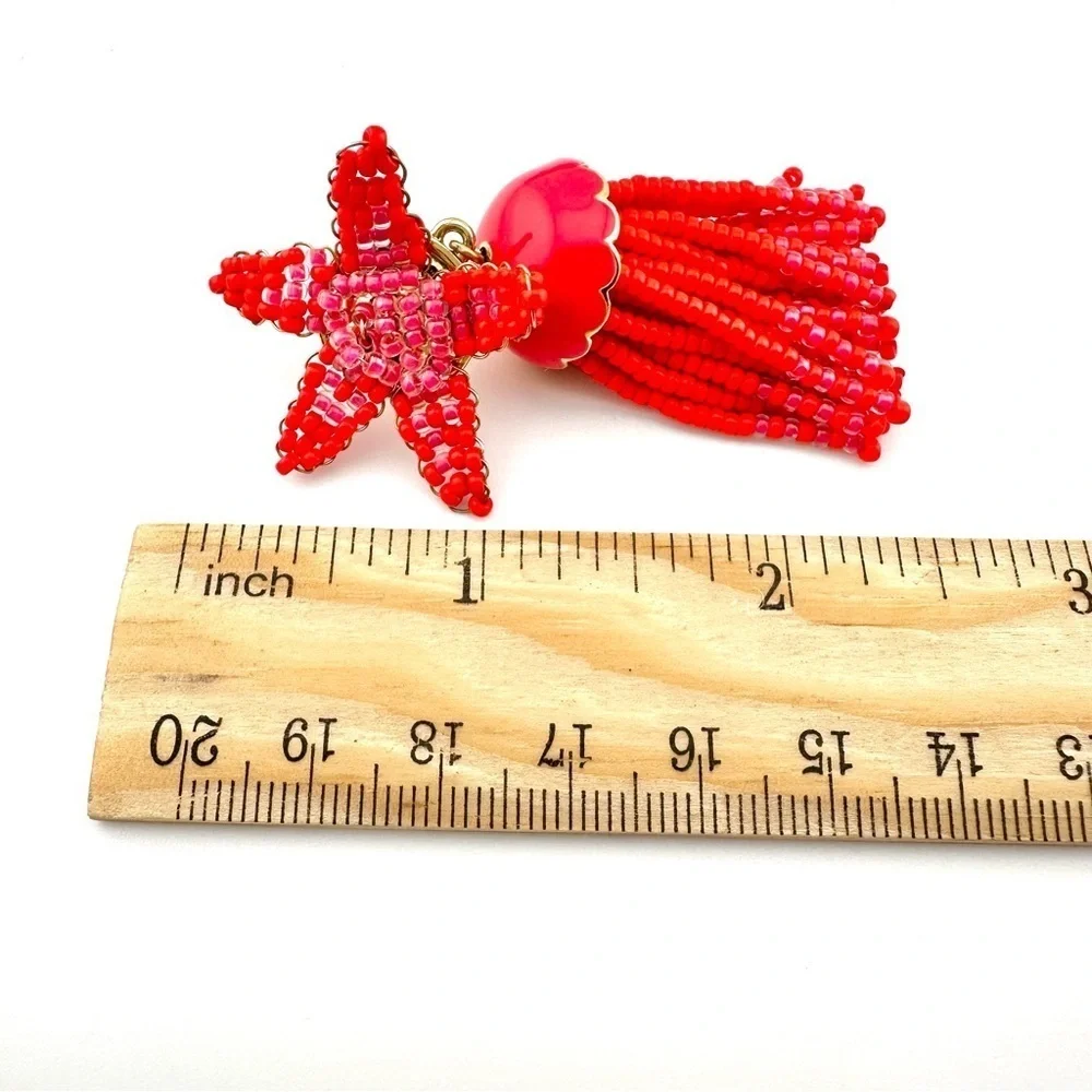 J Crew Earrings in Coral Red and Pink, Beaded Starfish Tassels